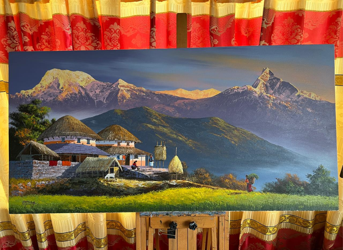 Harmony Beneath the Himalayas: A Painting of Peace by Merocanvas Originals