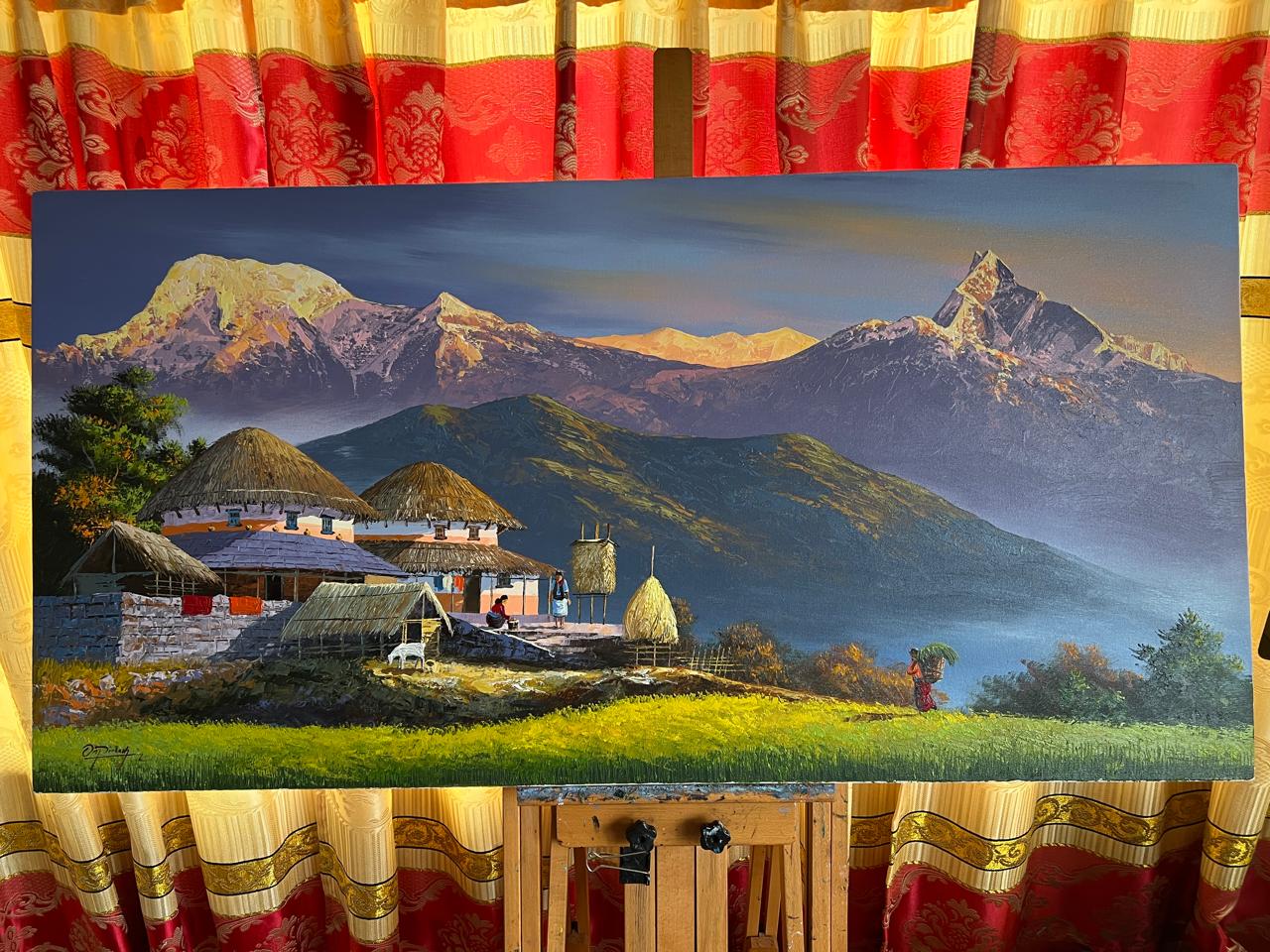 Harmony Beneath the Himalayas: Handmade Himalayan Painting by Merocanvas Originals